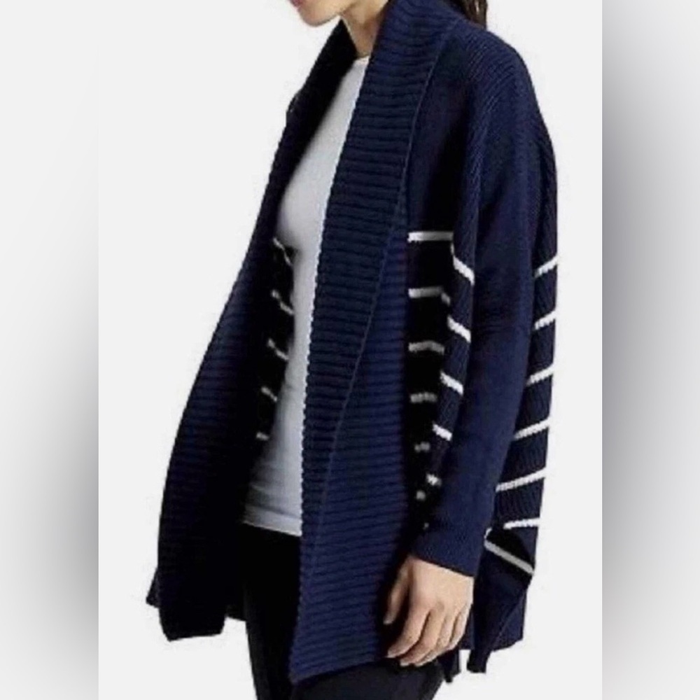 Athleta Chunky Knit Navy Stripe Dolman Open Sweater Cardigan XS EUC